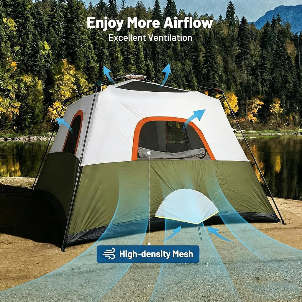 3/4 Person Camping Tent with 1 Door, 4 Windows, and Upgraded Ventilation– Instant Setup, Waterproof, 8'x 8'x 67''Oxford Fabric Floor Pop Up in 60 Seconds Includes Rainfly and Backpack