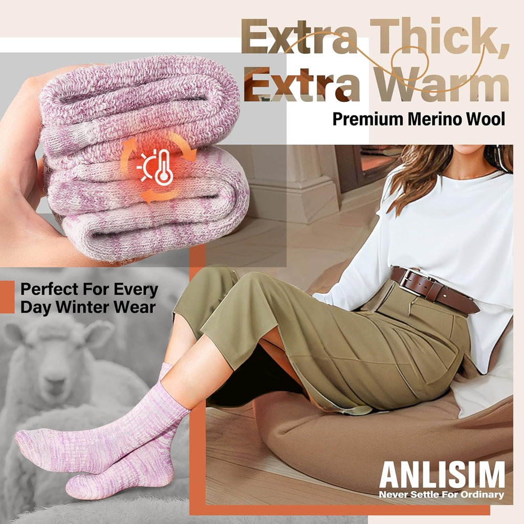 Anlisim Merino Wool Hiking Socks, Boot Crew Work Socks for Women Men