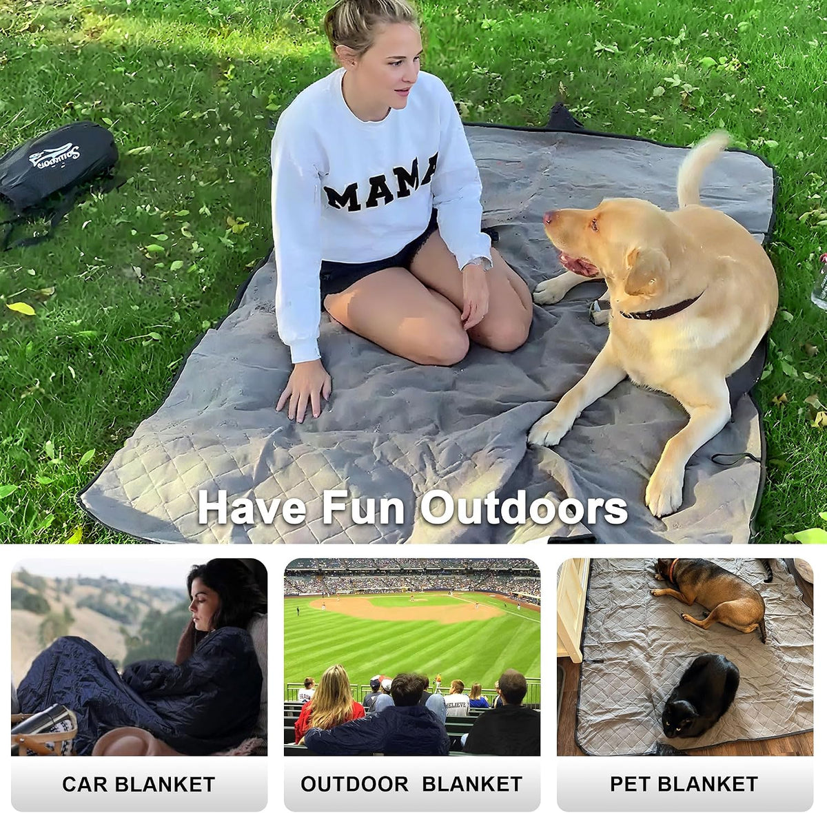 Waterproof Outdoor Blanket 91"x60" Large Quilted Fleece 300GSM Black