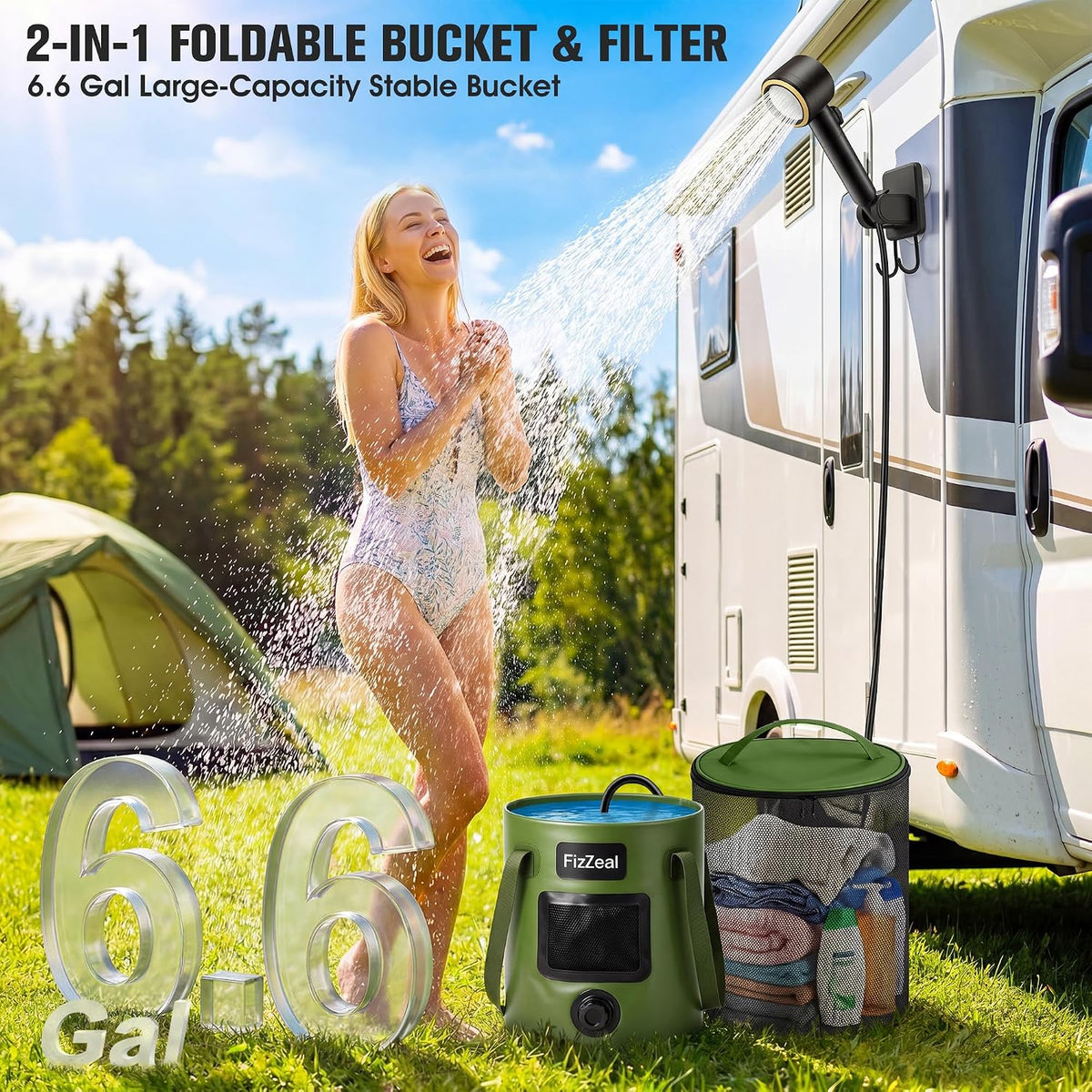 FizZeal Portable Camping Shower with LED Display & 5 Speed, 8000mAh Battery