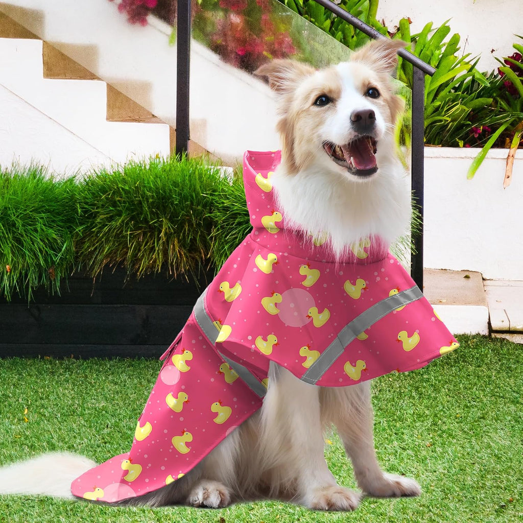 DELIFUR Large Dog Raincoat- Waterproof Dog Rain Poncho Adjustable Double Layer Rain Jacket with Hood for Medium Large Dogs Designed with Leash Hole Reflective Strip and Ducks (Pink Duck, Large)