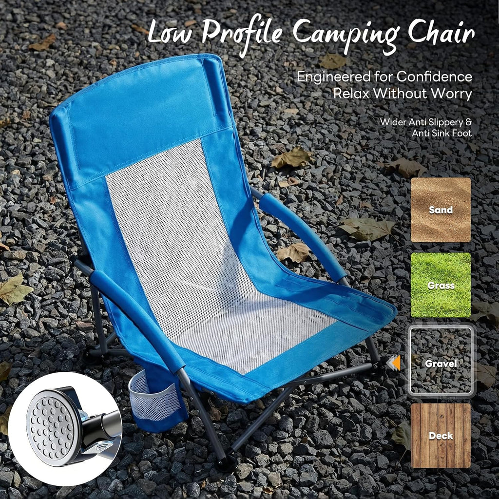 NEWBULIG Low Beach Chair – Folding Camping Chair for Adults, Low Profile Lawn Chair with Cup Holders & Carry Bag, Extra Wide Seat and High Back, Portable for Beach, Outdoors, Travel & Concerts, Blue