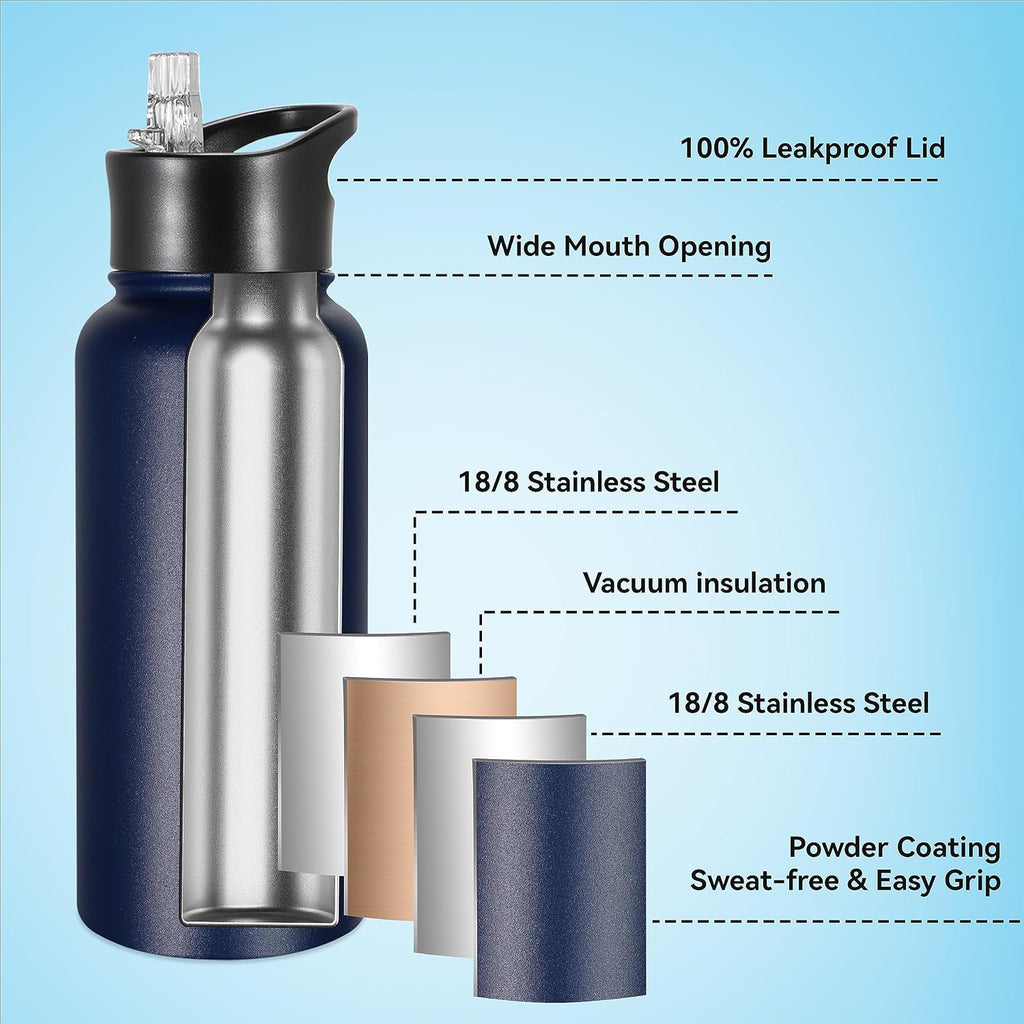 VEGOND 32 oz Insulated Water Bottle Bulk Stainless Steel Metal Water Bottles with Leak Proof Straw Lid & Spout Lid, Wide Mouth Double Walled Vacuum Travel Sports Bottle, 8 Pack