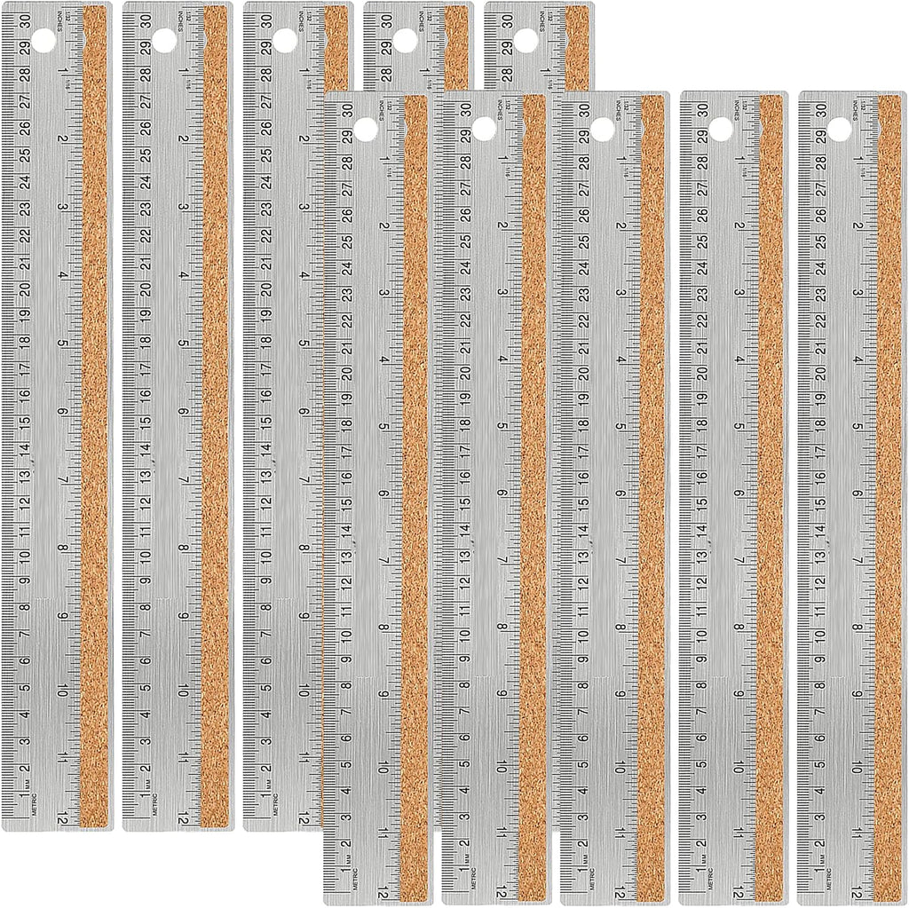 Stainless Steel Metal Ruler:[10 Pieces 12 Inch] Stainless Steel Metal Ruler with Cork Backing Non-Slip Rulers with Inch and Centimeters Metal Ruler Drafting Office Tools Prevent Ink Leakage