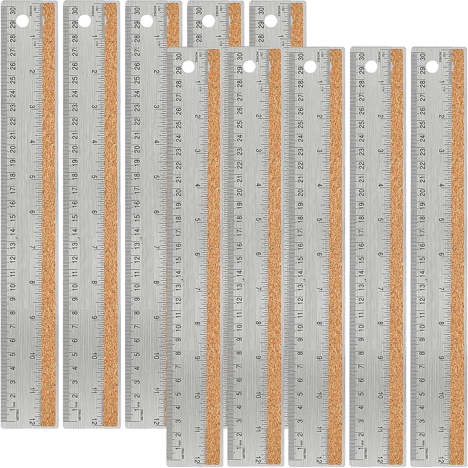 Stainless Steel Metal Ruler:[10 Pieces 12 Inch] Stainless Steel Metal Ruler with Cork Backing Non-Slip Rulers with Inch and Centimeters Metal Ruler Drafting Office Tools Prevent Ink Leakage