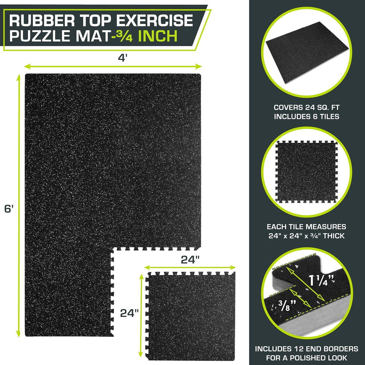 ProsourceFit Rubber Top Exercise Puzzle Mat ¾-inch, EVA Foam, Protective Interlocking Tiles for Home Gym Equipment and Workouts; Grey, 24 SQ FT, 6 Tiles