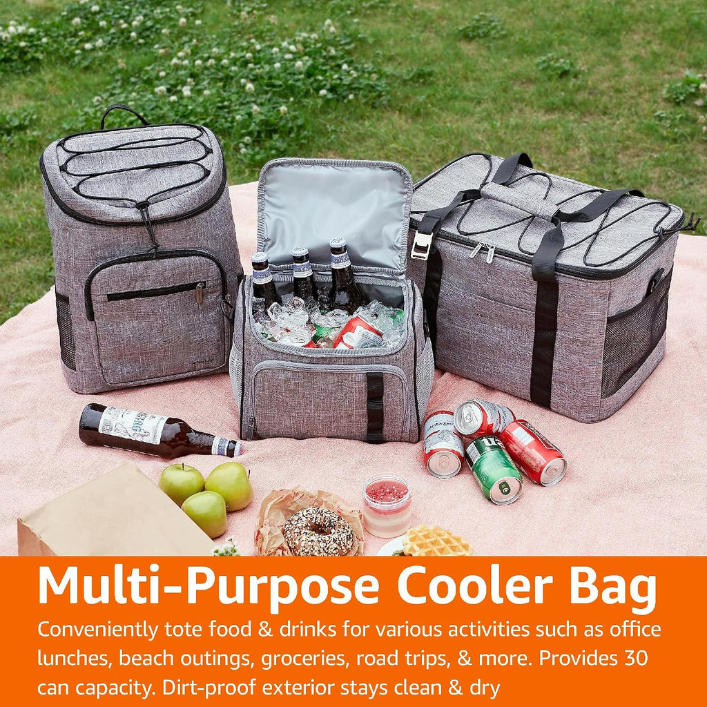 Amazon Basics Insulated Cooler Backpack for Camping and Hiking, Portable Soft Sided Cooler with 30 Can Capacity, Leak-Proof, Water-Resistant, Gray