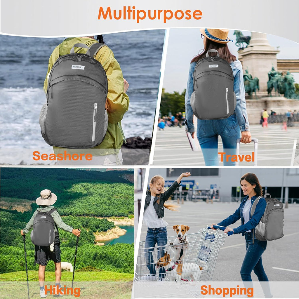 Waterproof Foldable Hiking Backpack, Lightweight Beach Bag Grey