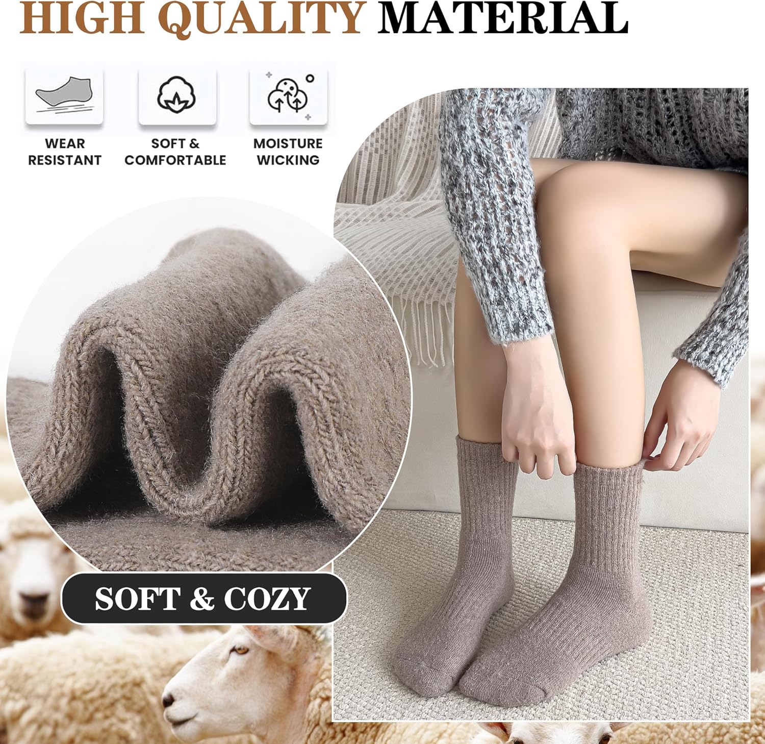 MOGGEI 5 Pairs Womens Merino Wool Socks Hiking Warm Winter Thick Thermal Crew Cozy Cabin Ladies Gift Comfy Boot Work Socks