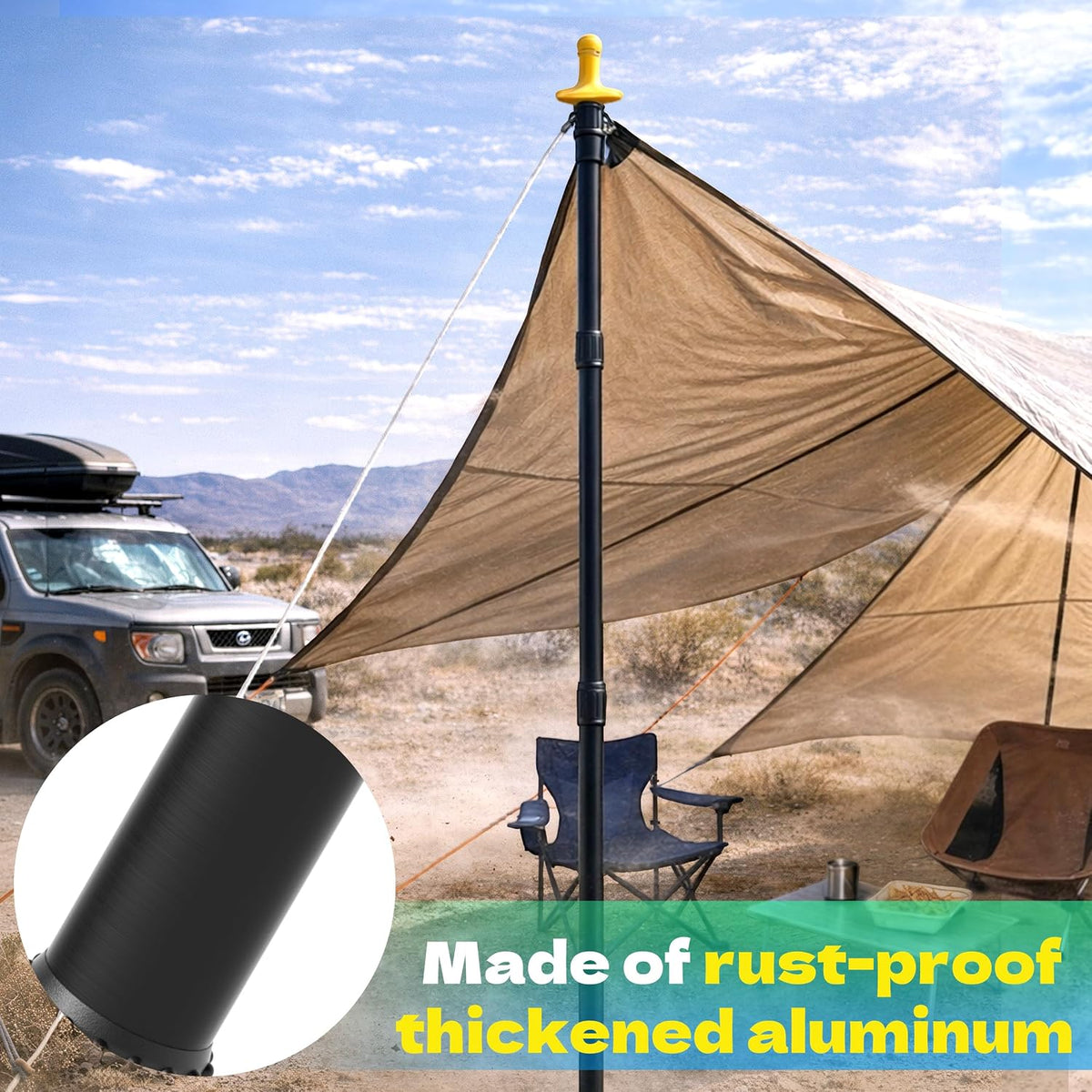 KJE 2 Pack Adjustable Heavy-Duty Tarp Poles, Camping Tent Poles Set with Ground Stakes & Guylines & Yellow Protection Caps, Aluminum Telescoping Pole(2.79ft to 8.5ft) for Outdoor Tarp Use