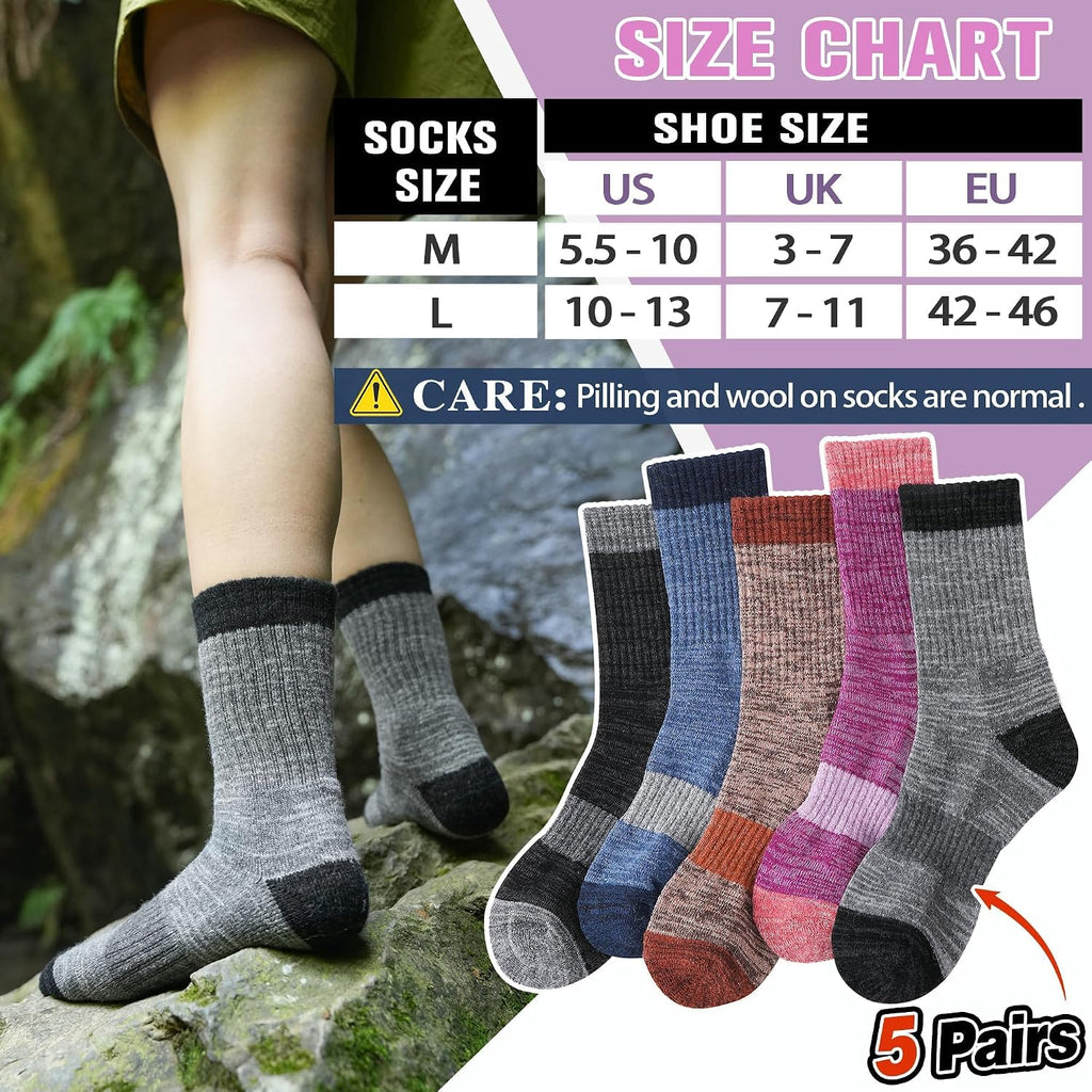 Merino Wool Hiking Socks Thermal Warm Winter Cozy Cushioned Moisture Wicking Crew Socks for Women 5 Pairs