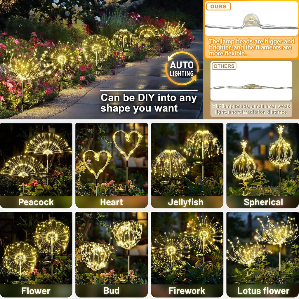 Anordsem Solar Garden Lights Outdoor: Bendable Copper Wire with 120 LED Firework Beads - Warm Waterproof DIY Starburst Decoration for Yard Pathway Patio - Gifts for Women Mom Homeowners
