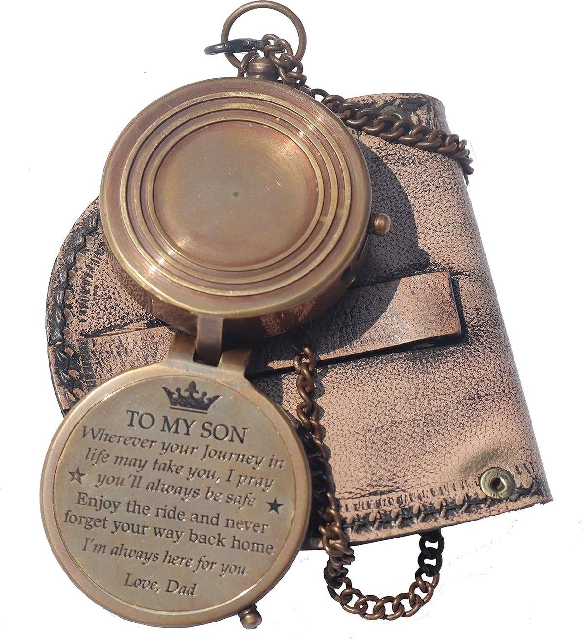 Brass Engrved Compass for Men, Pocket Compass with Leather Case, Antique Handmade Religious Gift Idea for Graduation, Communion, Baptism (to My Son, Love Dad)