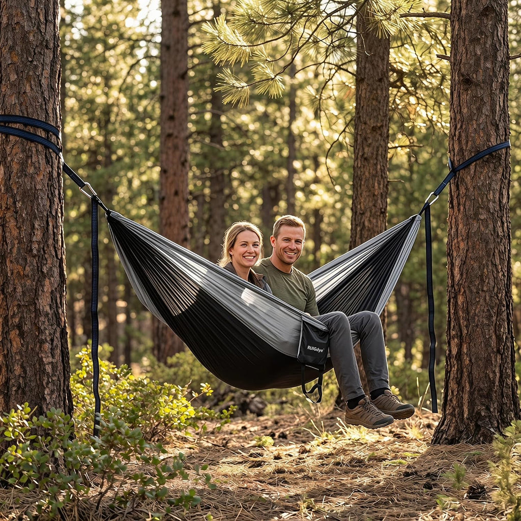 Camping Hammock with Mosquito Net, 650 lbs Portable Hammock with Tree Straps, Parachute Nylon Hammock, 2-in-1 Double/Single Travel Hammock Tent for Outside、Indoor、Backpacking、Beach - Black & Grey