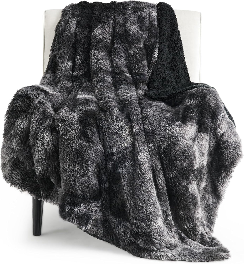 Bedsure Faux Fur Fluffy Sherpa Blanket Couch Throw Tie Dye Black 50"x60"