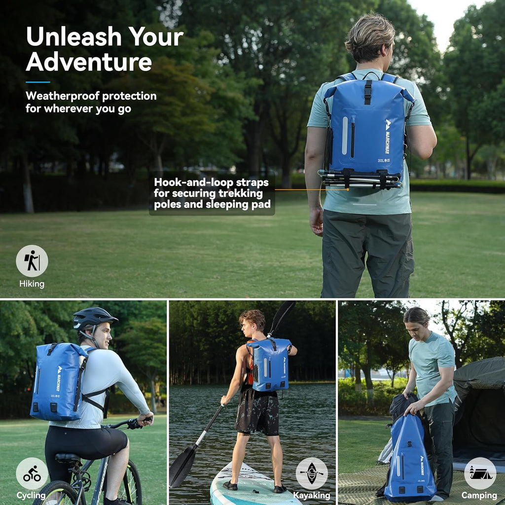 MARCHWAY Roll Top Waterproof Backpack, Floating Dry Bag 20L/30L/45L with Ergonomic Rectangular Base, Cushioned Back, Hip Strap for Hiking Camping Kayaking Travel (Blue, 30L)