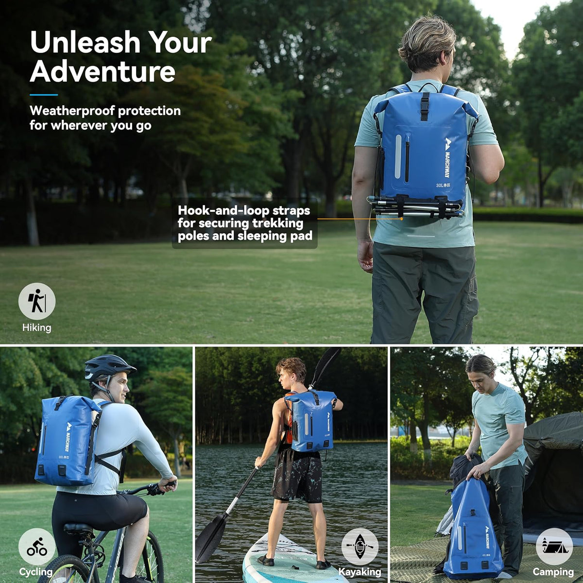 MARCHWAY Roll Top Waterproof Backpack, Floating Dry Bag 20L/30L/45L with Ergonomic Rectangular Base, Cushioned Back, Hip Strap for Hiking Camping Kayaking Travel (Blue, 20L)