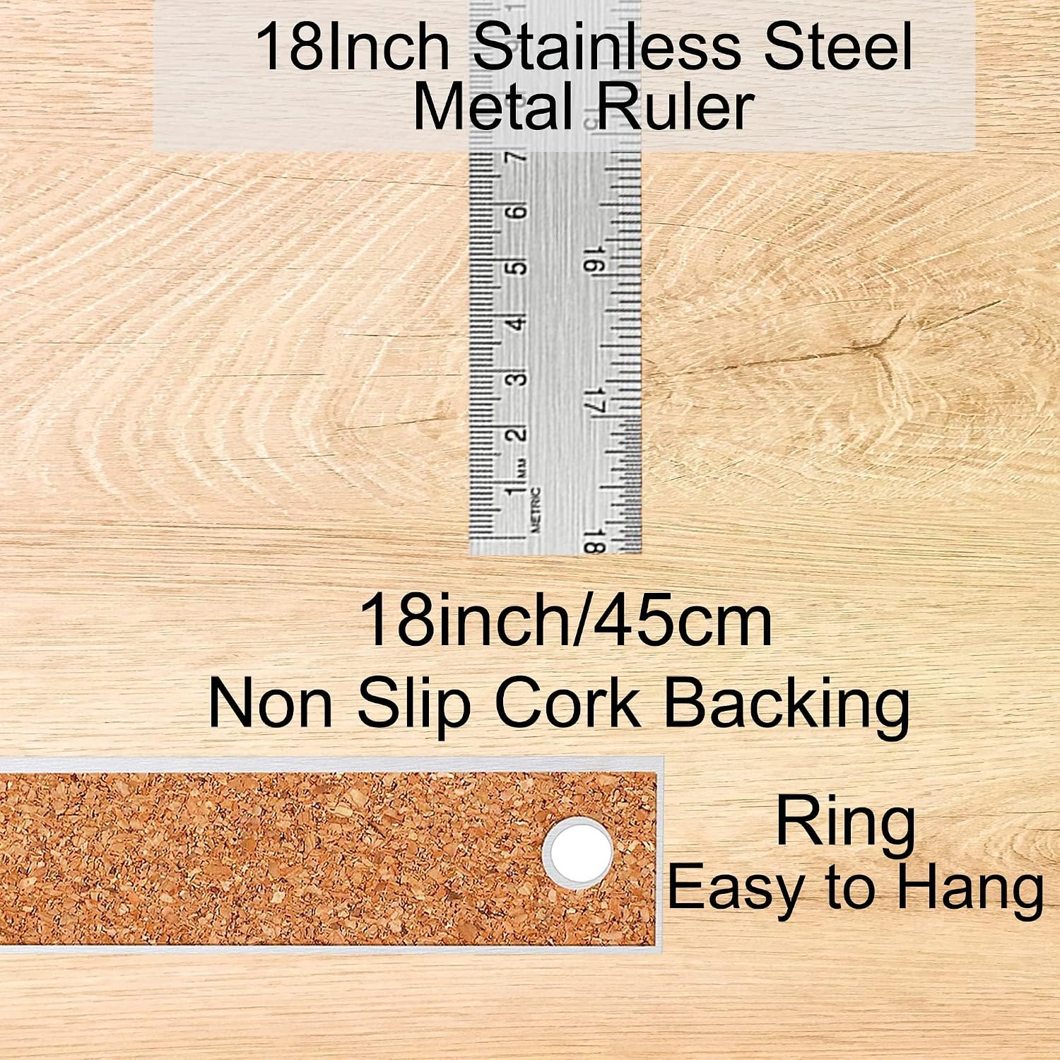 Metal Ruler 18 Inch, Non-Slip Cork Backing, Ink Bleed-Resistant Edge, 2 Pcs