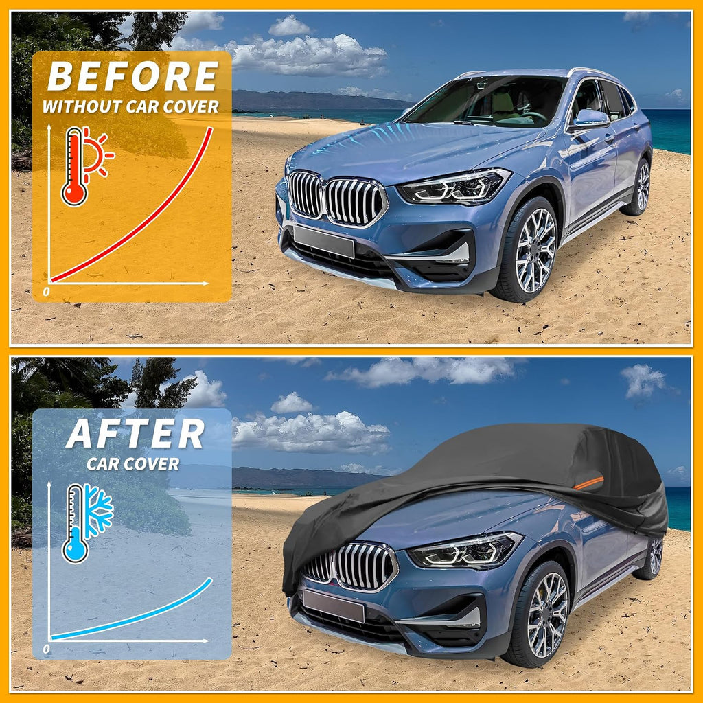 Universal Car Cover Waterproof All Weather 210D-PU, UV Sun Rain Protection, Fits for SUV Length Up to 181", with Left Side Zipper, Black
