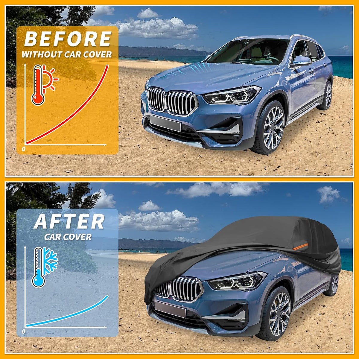 Universal Car Cover Waterproof All Weather 210D-PU, UV Sun Rain Protection, Fits for SUV Length 182"-190", with Left Side Zipper, Black