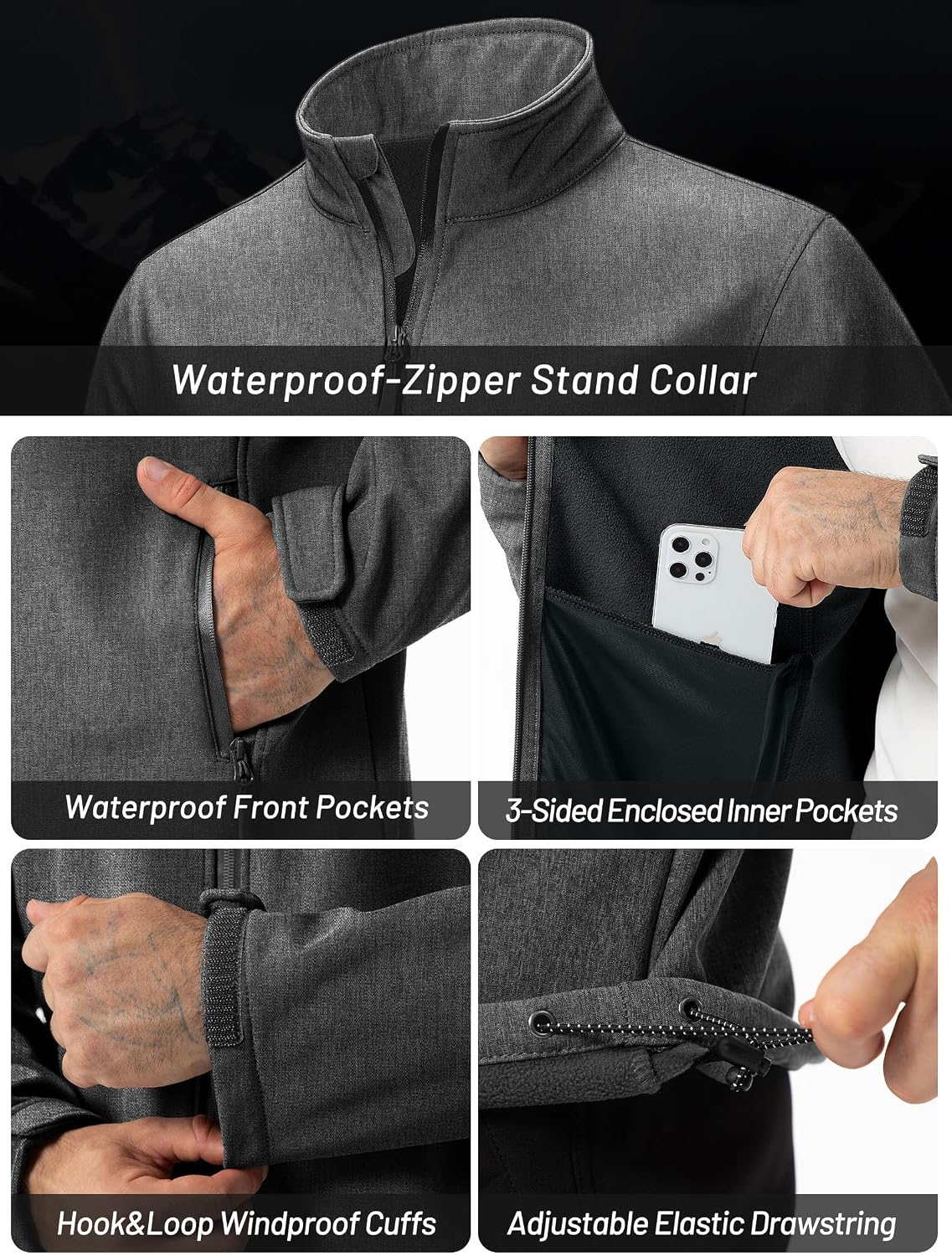ZITY Men's Softshell Jacket Fleece Lined Lightweight Waterproof Rain Jacket Zip Up Soft Shell Windproof Windbreaker