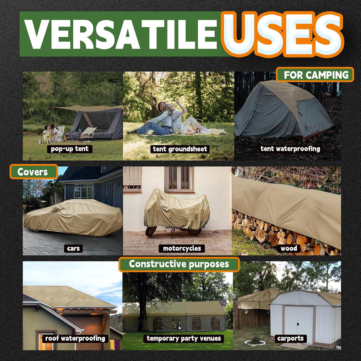 RAINDEWAY 6' X 10' Heavy Duty Tan Poly Tarp Multipurpose Waterproof Cover