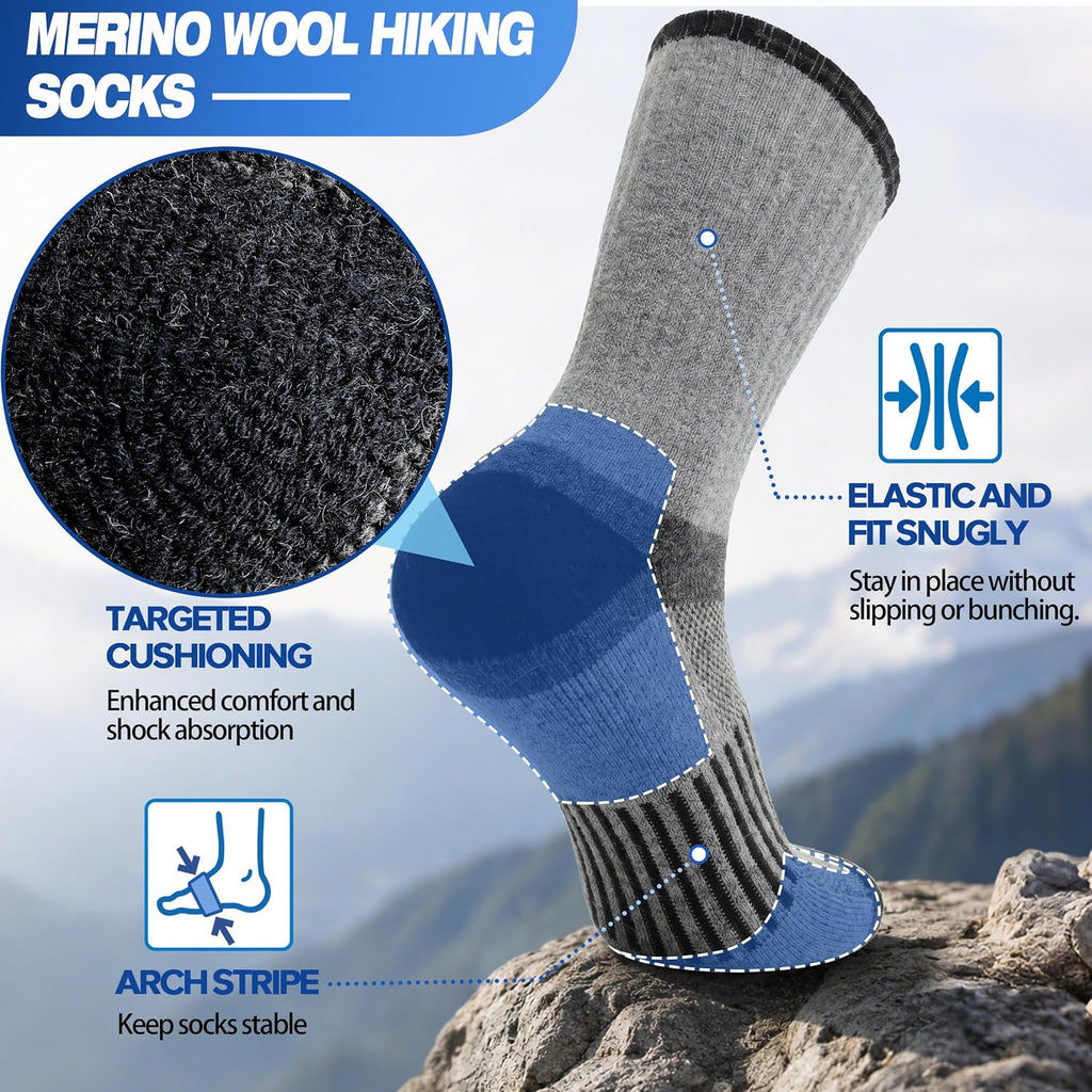 MOGGEI 5 Pairs Merino Wool Hiking Socks Warm Thermal Winter Cozy Cushioned Moisture Wicking Socks for Women & Men