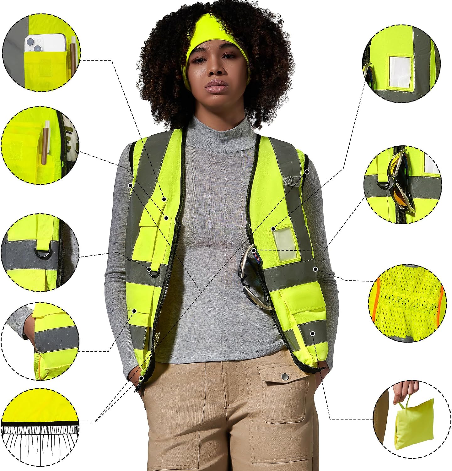 A-SAFETY High Vis Safety Vest for Women - Reflective Strips, Multi-Pockets, Zipper Closure