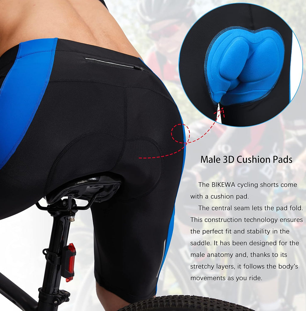 Bikewa Men's Bike Shorts 3D Padded Cycling Road Biking Mountain Riding Biker Bicycle UPF 50+ Cycle Shorts Zipper Pockets