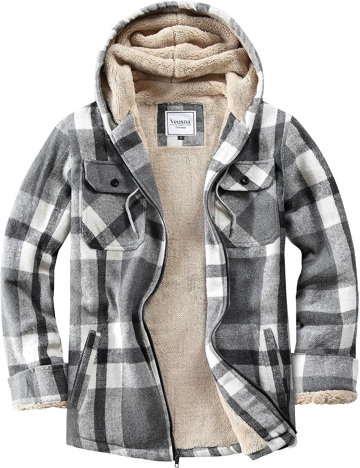 Men's Zip Up Flannel Shirt Jacket Fleece Lined with Hood