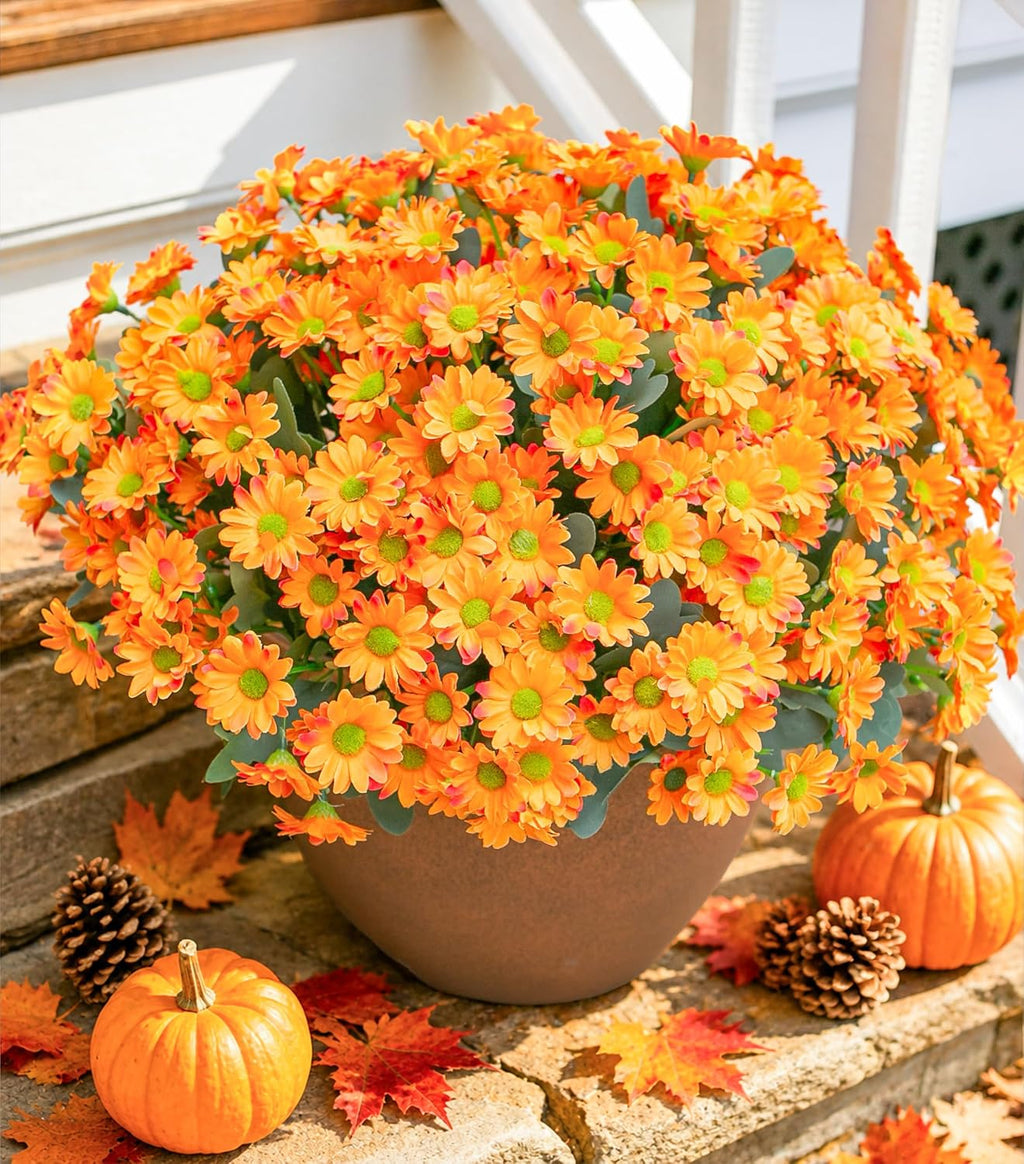 Daisy Artificial Flowers for Outdoors Autumn Fall Decor, 6 Bundles Fake Mums Orange Silk Flowers for Outside Look Real UV Resistant Fake Plants Faux Flowers for Planter Front Door Home Indoor Porch