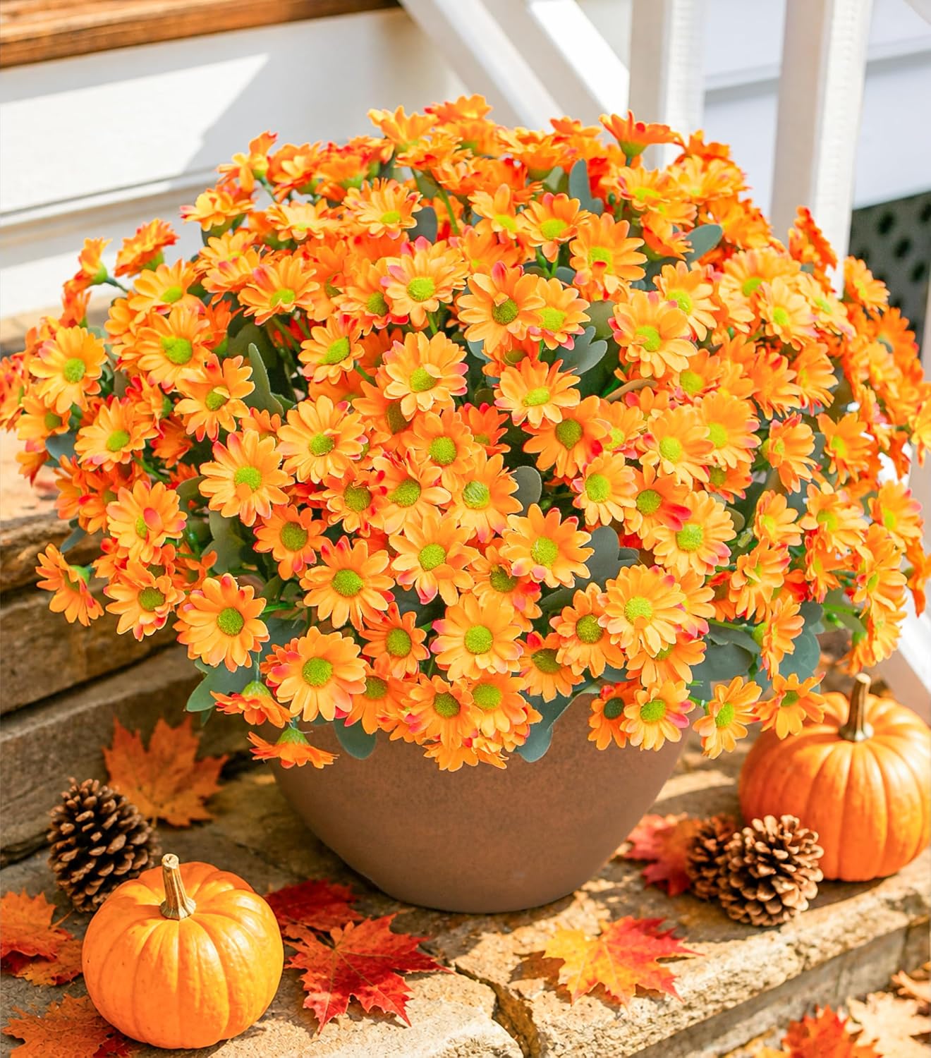 Daisy Artificial Flowers for Outdoors Autumn Fall Decor, 6 Bundles Fake Mums Orange Silk Flowers for Outside Look Real UV Resistant Fake Plants Faux Flowers for Planter Front Door Home Indoor Porch