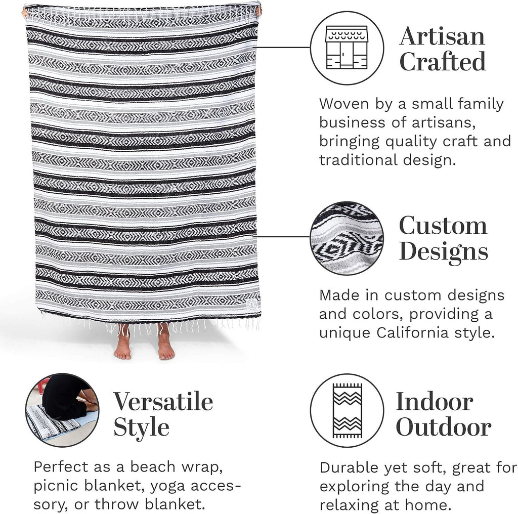 Black and Gray Mexican Blanket by Laguna Beach Textile Co - Beach, Yoga, Camping, or Decorative Throw Blanket - Traditional Handmade Serape - Gray Noir