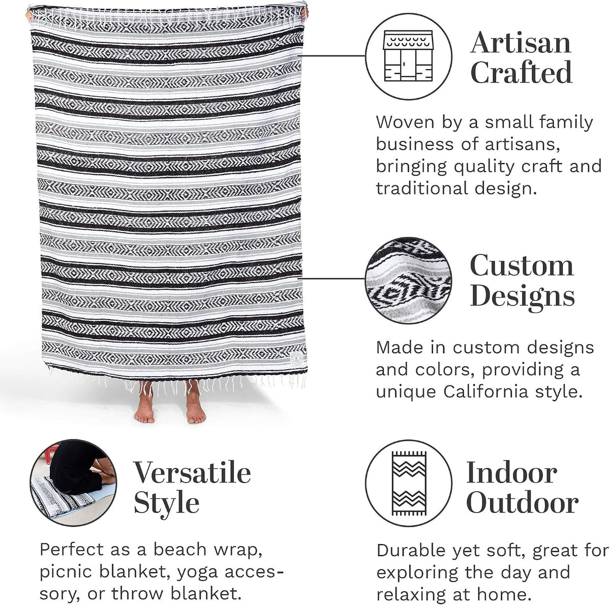 Black and Gray Mexican Blanket by Laguna Beach Textile Co - Beach, Yoga, Camping, or Decorative Throw Blanket - Traditional Handmade Serape - Gray Noir