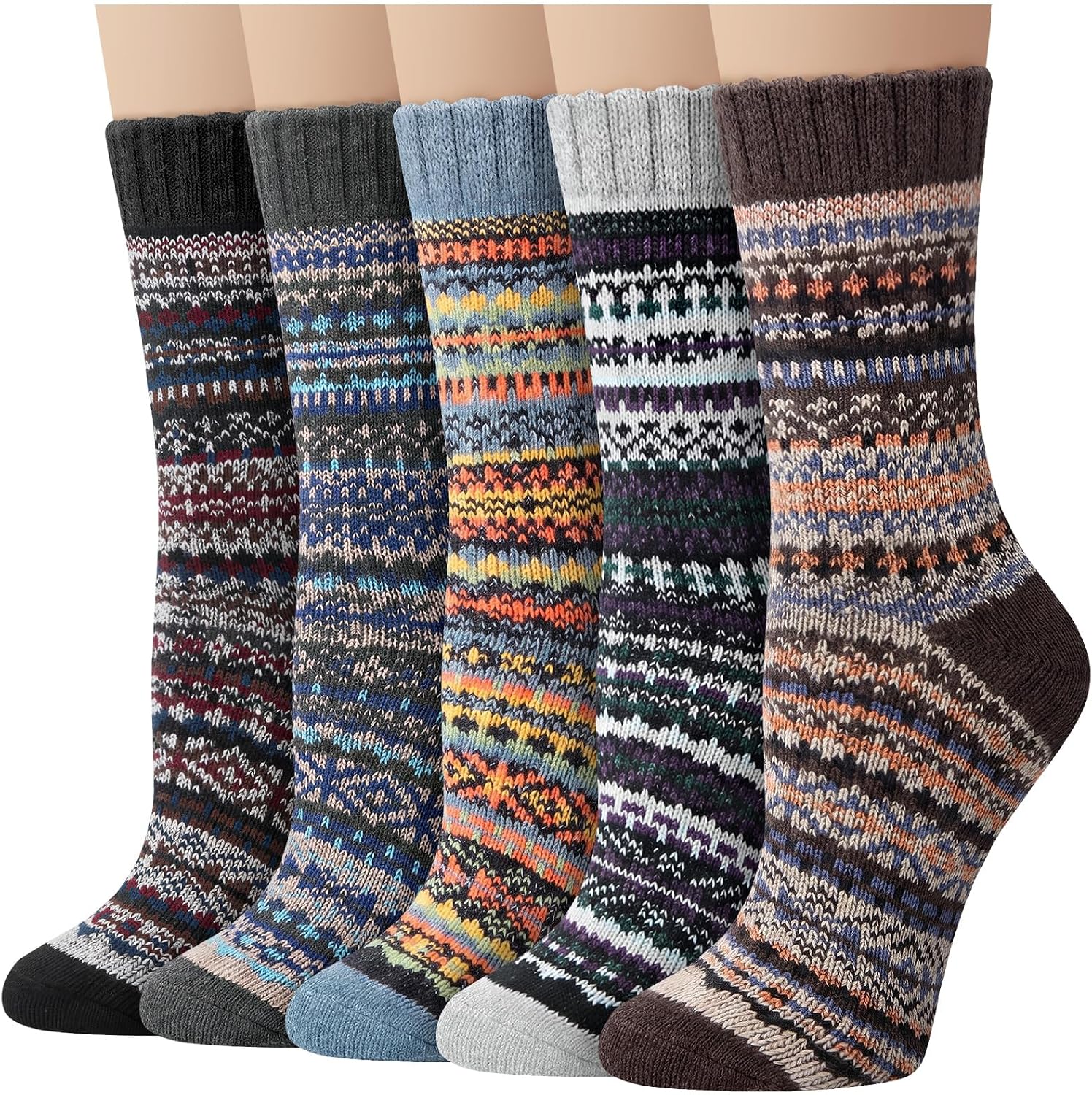 Senker Fashion Wool Socks for Women, 5 Pairs Winter Warm Crew Boot Socks