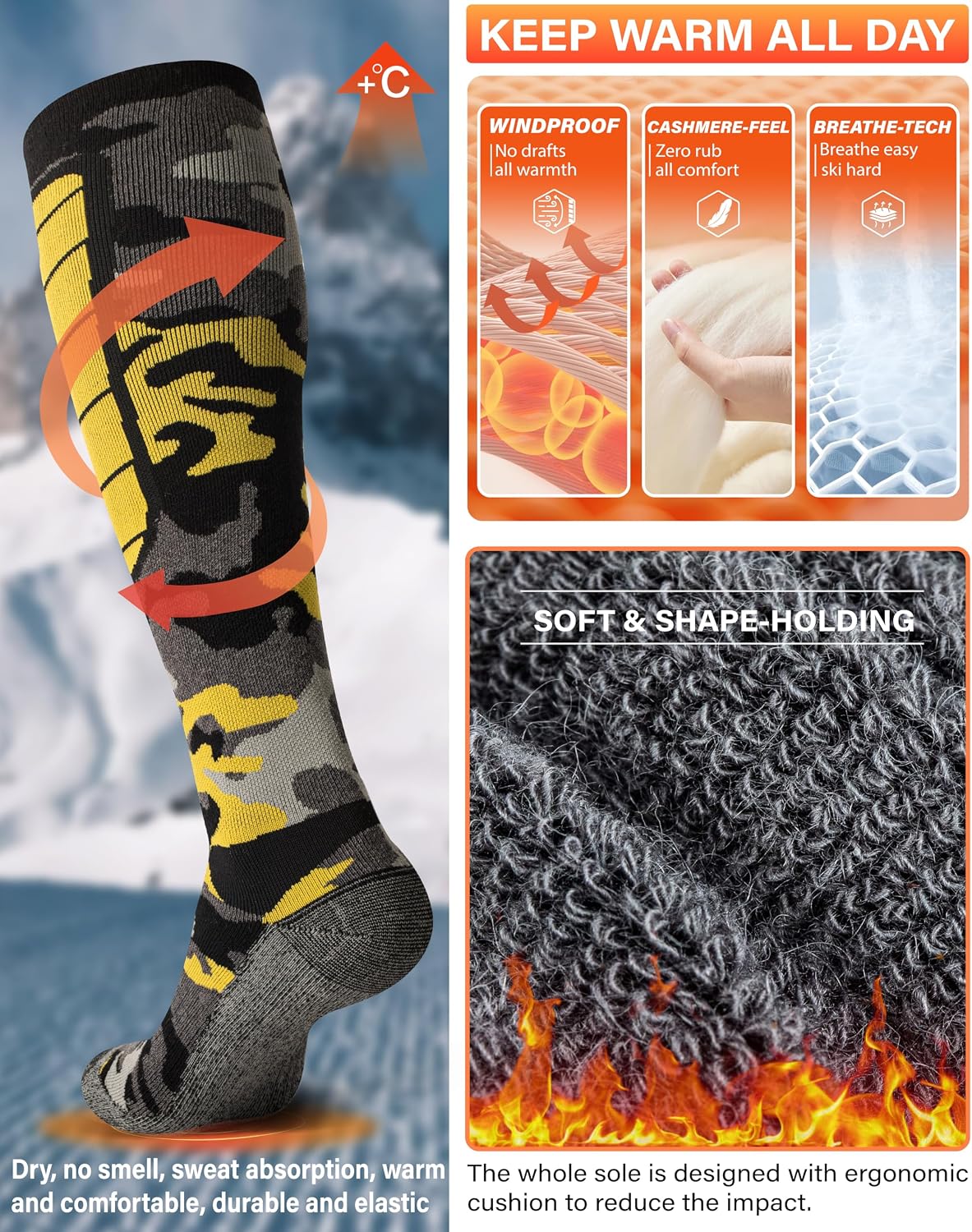Hylaea Unisex Knee High Merino Wool Ski Snowboard Socks, Cushioning & Warm