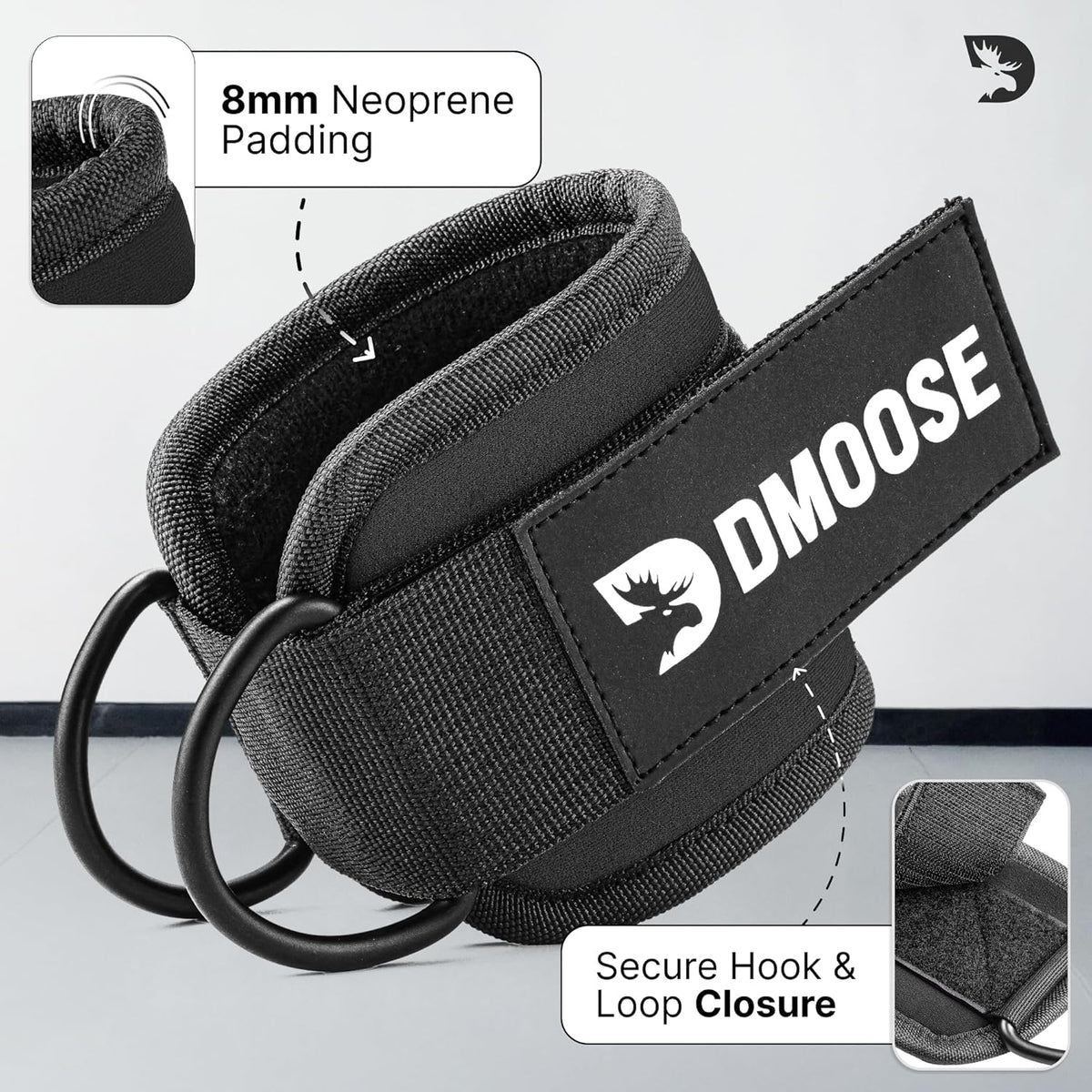 DMoose Ankle Strap for Cable Machine - One Size Fit with Premium Padding, Workout Kickback Ankle Cuffs, Ankle Bands for Working Out, Booty Workouts, Leg Extension, Hip Abductors & Lower Body Exercises