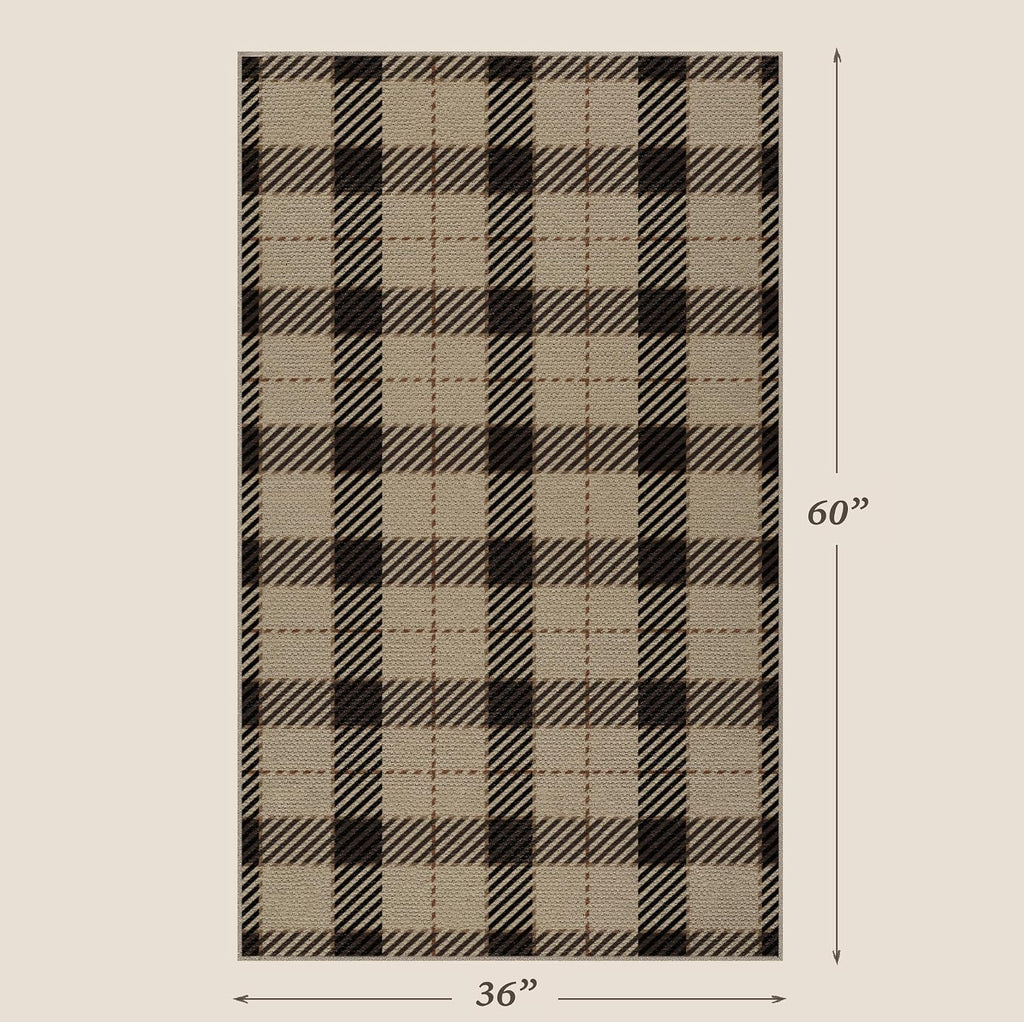 JTJ Outdoor Rug 3x5 for Front Porch, Washable Easy Jute Indoor Outdoor Rug, Non Slip Entryway Area Rug for Patio, Kitchen, Balcony, Farmhouse Black & Tan Plaid Rug