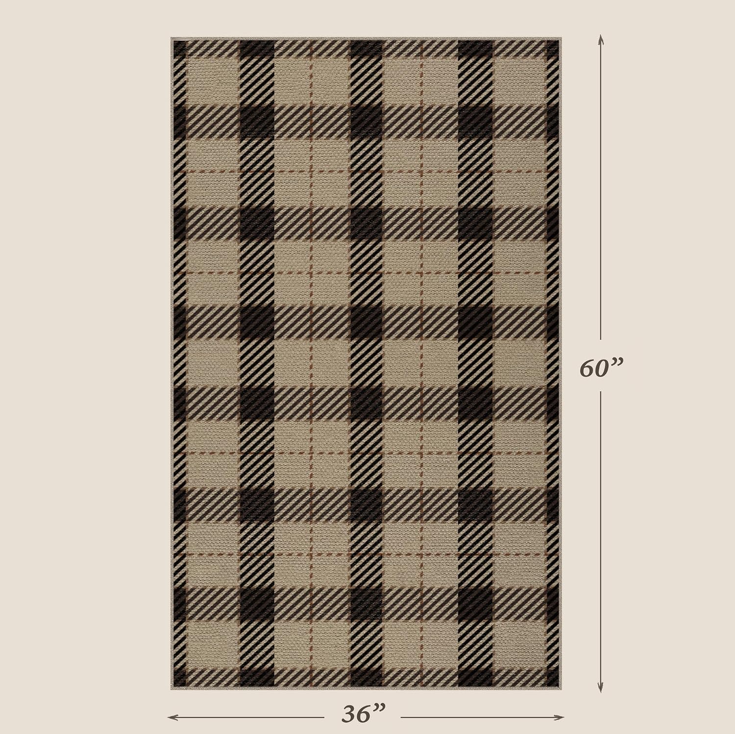 JTJ Outdoor Rug 3x5 for Front Porch, Washable Easy Jute Indoor Outdoor Rug, Non Slip Entryway Area Rug for Patio, Kitchen, Balcony, Farmhouse Black & Tan Plaid Rug