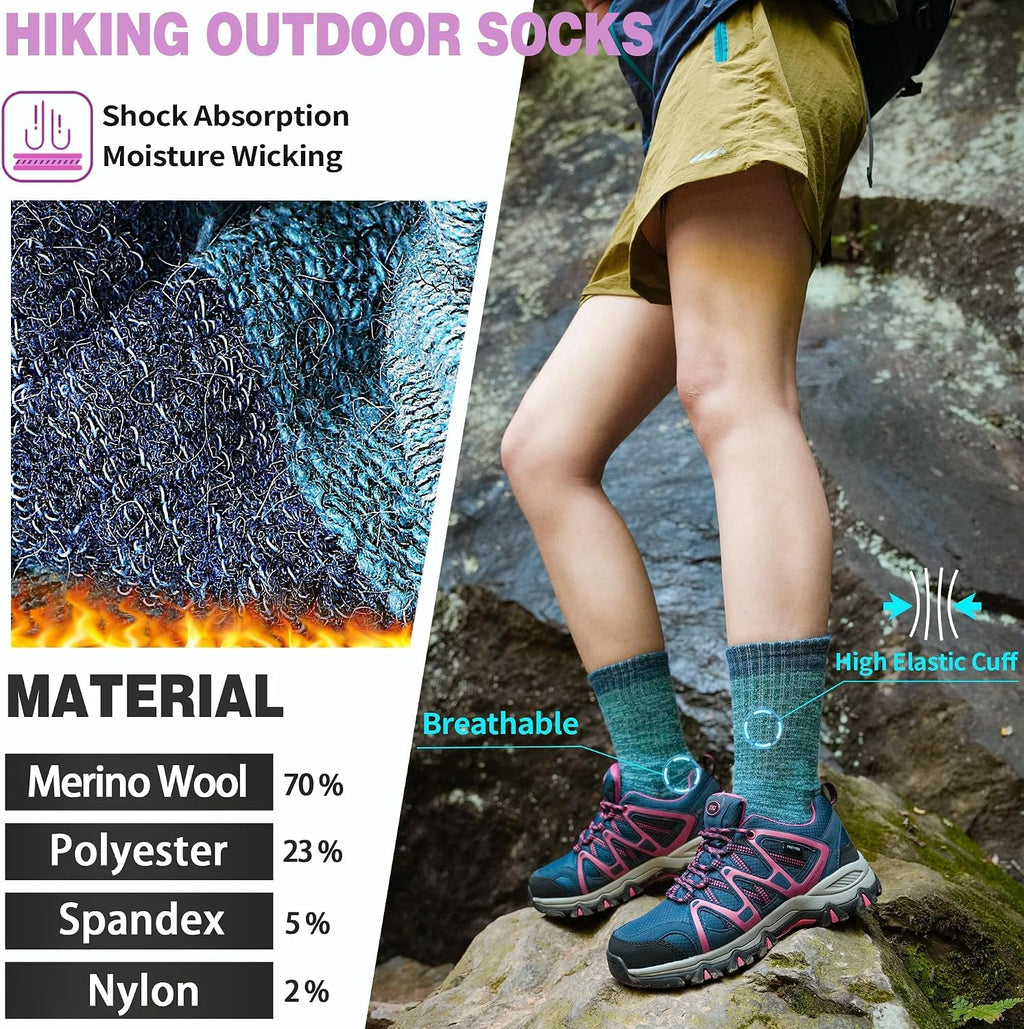 Merino Wool Hiking Socks Thermal Warm Winter Cozy Cushioned Moisture Wicking Crew Socks for Women 5 Pairs