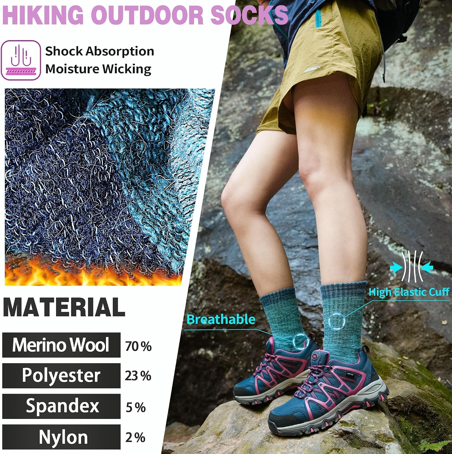 Merino Wool Hiking Socks Thermal Warm Winter Cozy Cushioned Moisture Wicking Crew Socks for Women 5 Pairs