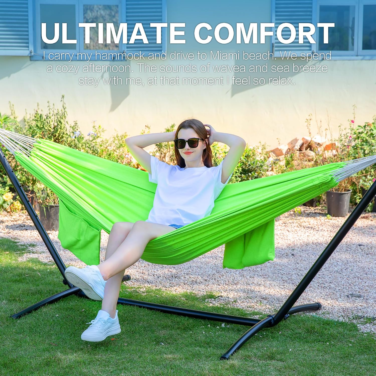 PNAEUT Double Hammock with Stand for Outside, Heavy-Duty, Portable(Green)