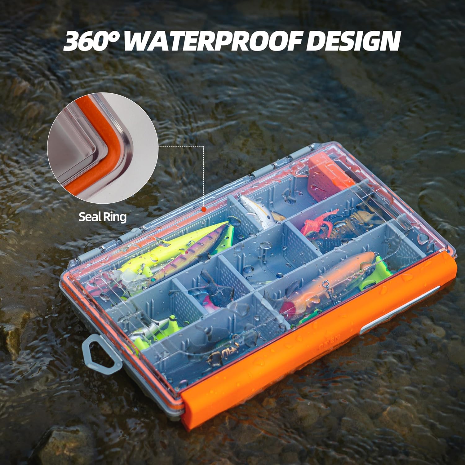 RUNCL Fishing Tackle Box - 360° Waterproof Tackle Trays, 3700 Fishing Tackle Box Organizer with Adjustable Dividers for Jigs Lures, Orange, 1 Pack