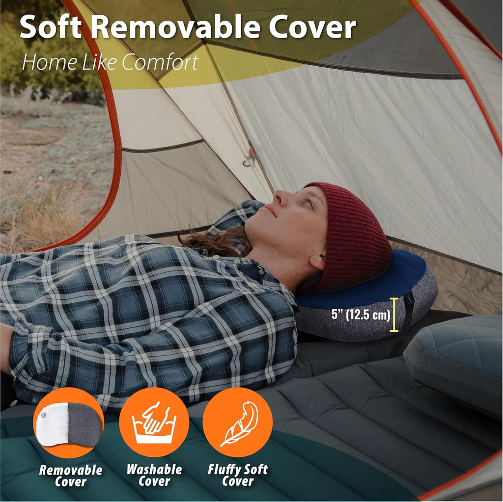 TREKOLOGY Inflatable Camping Pillow with Removable Cover - Ultralight Backpacking, Hiking, Beach, Travel Sleeping Pillow - Compact, Portable, Comfortable Camp Pillow for All Adventures ALUFT Plus SE