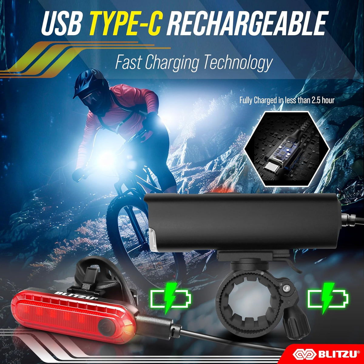 Bike Lights Set 1200 Lumen, USB Rechargeable LED Bicycle Front Rear Lights