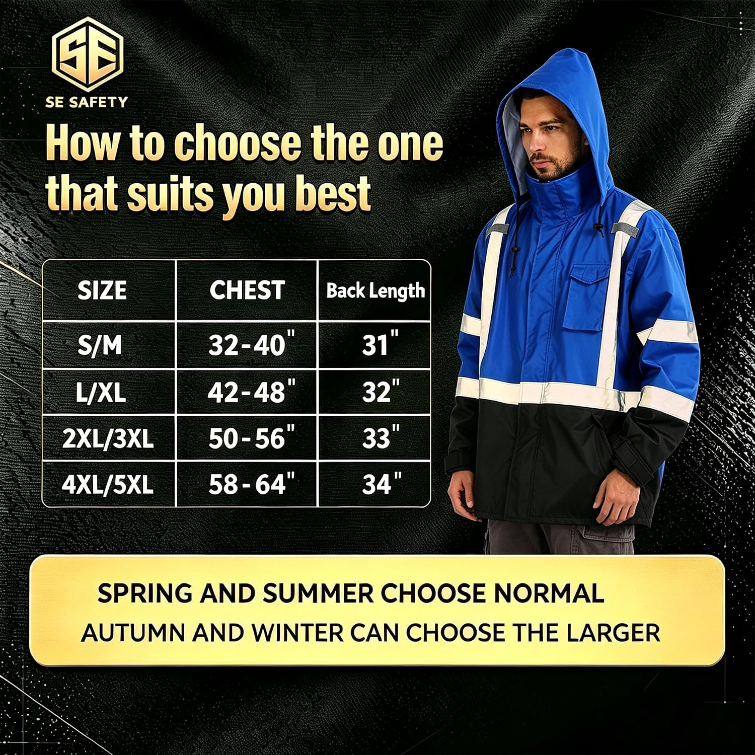 sesafety Hi Vis Rain Jacket, Rain Suits for Men Waterproof withBlack Bottom