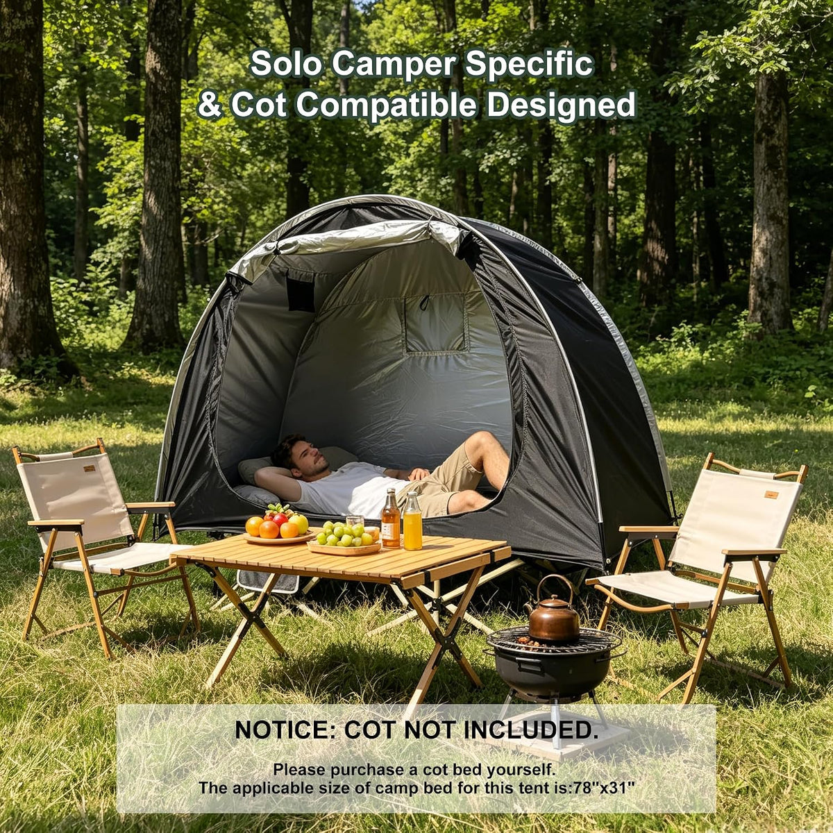 1 Person Solo Cot Tent (Bed Not Included), 210D Silver Fabric, Waterproof, Compact Portable Camping Shelter