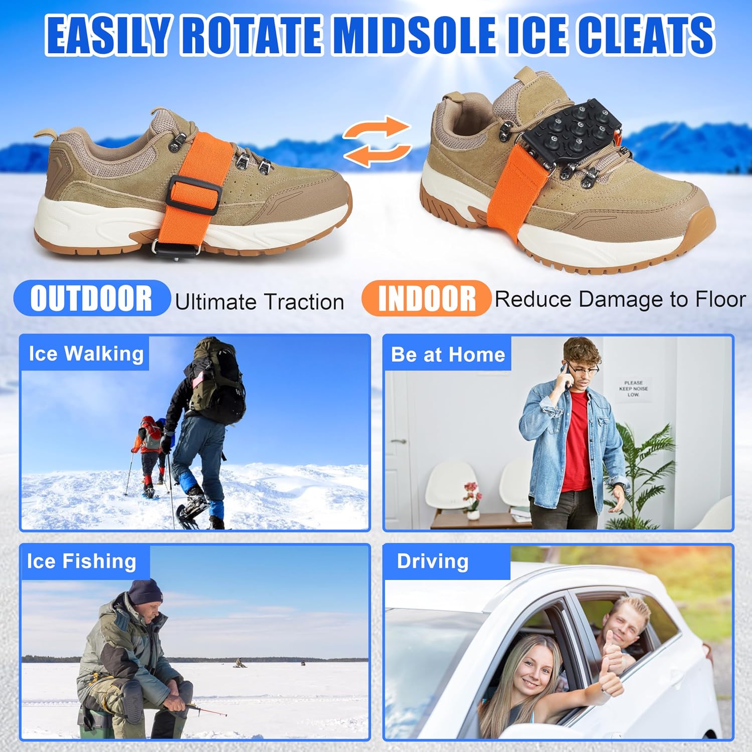 Ice Cleats Mid-Sole Snow Traction Cleats Crampons for Shoes and Boots Rotatable Non Slip Ice Grippers Overshoe with 7 Tungsten Studs for Walking on Snow Ice Men Women Indoor/Outdoor