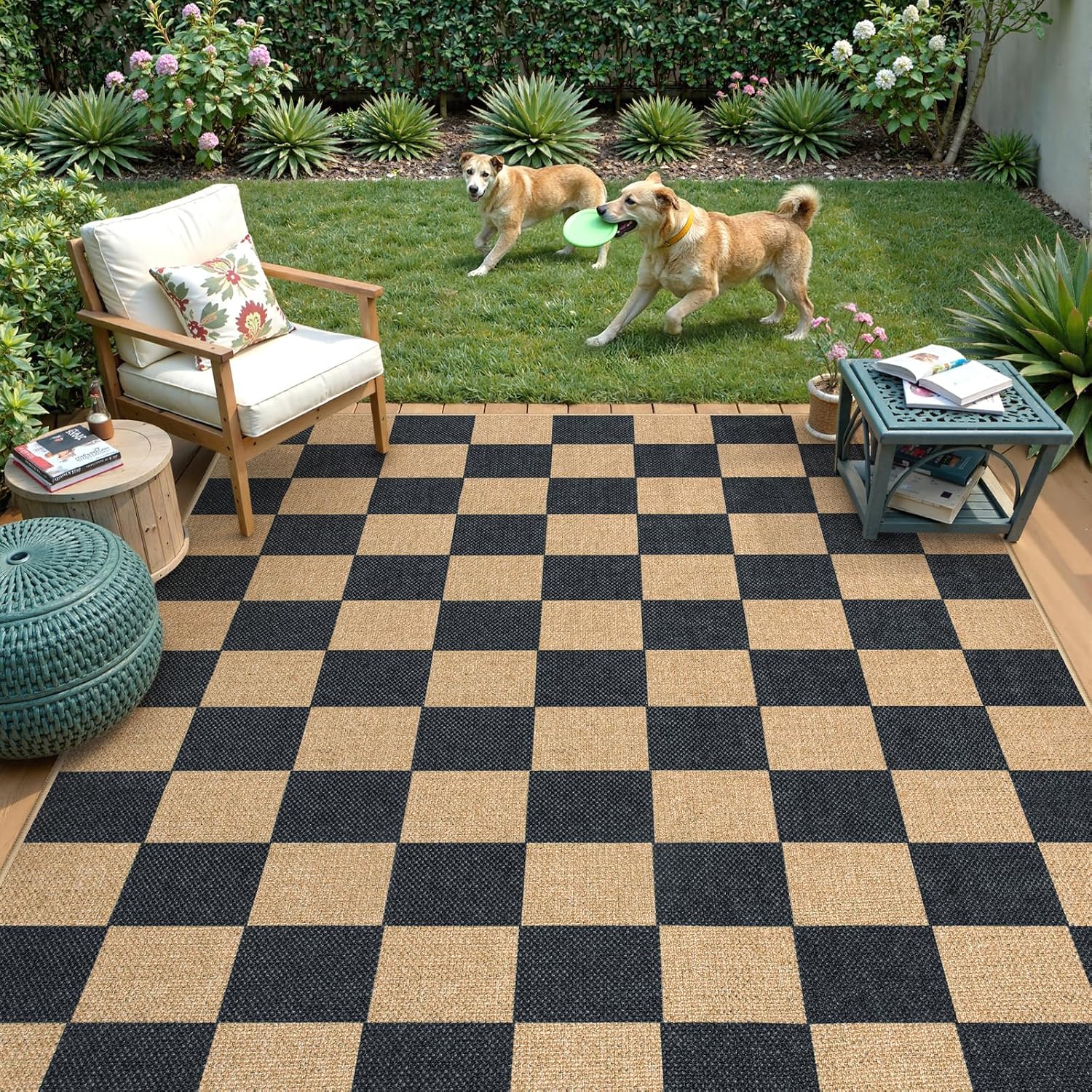 Lahome Checkered Easy Jute 5x7 Outdoor Patio Rug, Area Rugs Washable Black