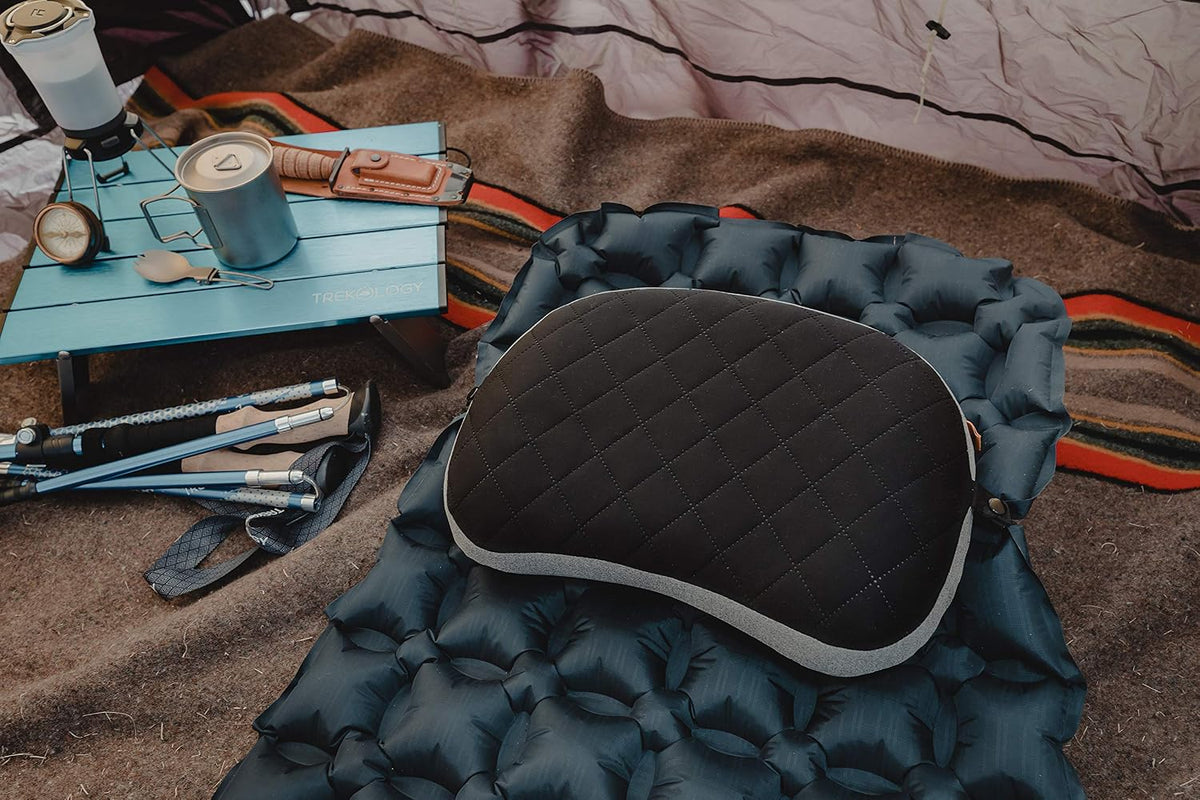 TREKOLOGY Lightweight Travel Pillow – Compact Inflatable Camping Pillow for Backpacking, Travel, Plane, or Hammock – Neck & Lumbar Support, Washable Cover, Two-Way Valve – Ultralight Hiking Gear